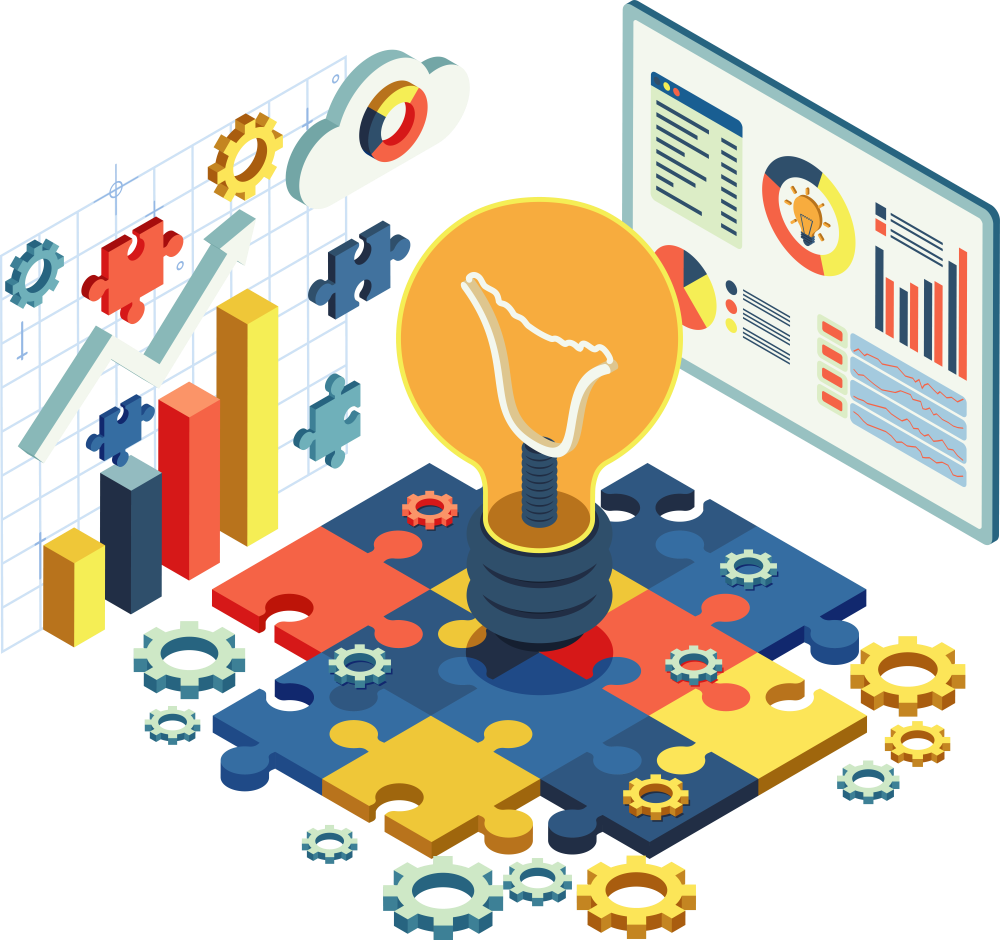 Isometric Lightbulb and Puzzle Pieces Symbolizing Creative Solution-1