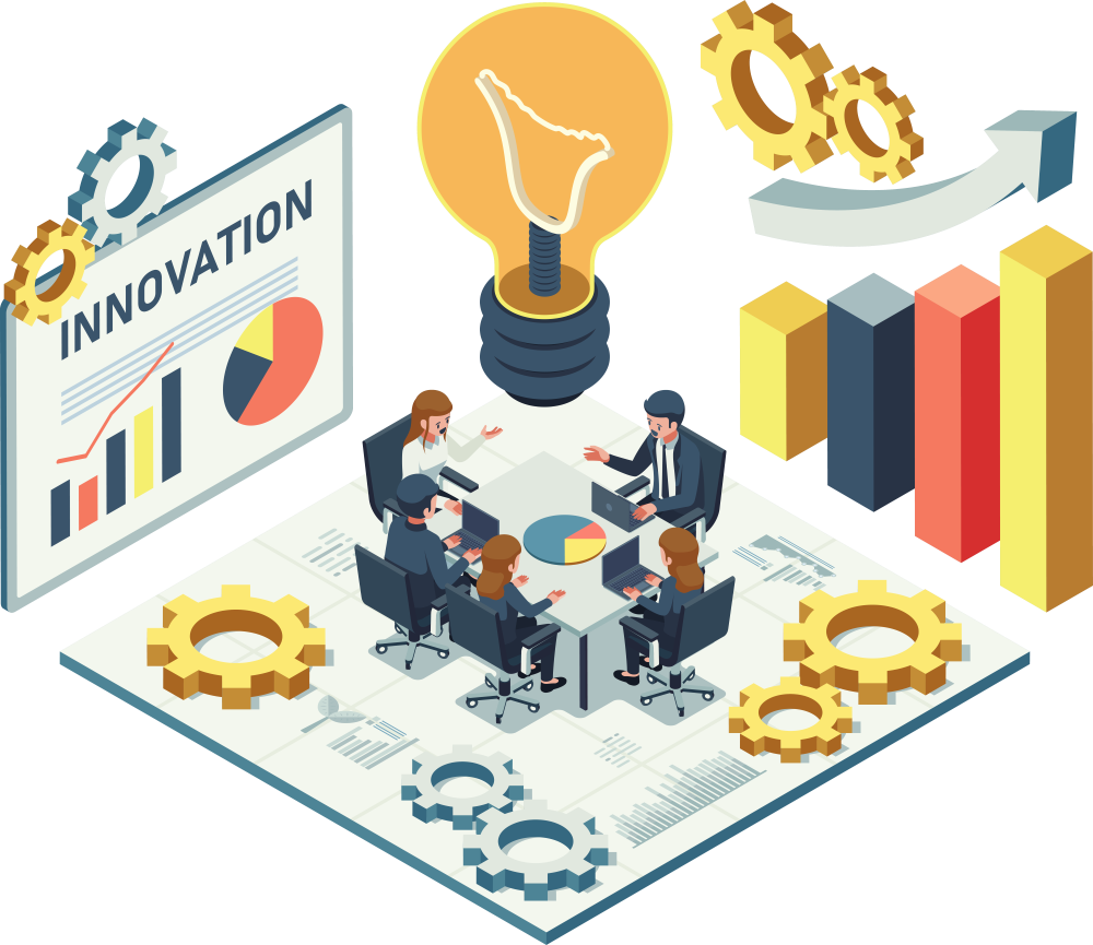 Isometric Innovation Hub with Innovators in Collaborative Workspace-1